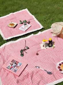 1pc Charming Pink & White Plaid Rectangular Picnic Blanket - Suitable For Valentine's Day, Easter, Woven Rayon Tablecloth With Lace Trim, Ideal For Winter Camping, Beach Outings, Photography Backdrop, Picnic Accessory - Pink - View 3
