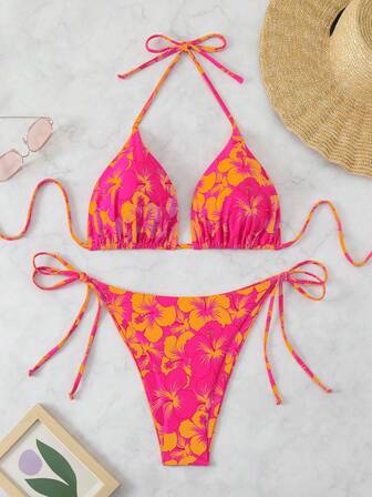 女士印花吊带背心性感加大码比基尼套装，度假风