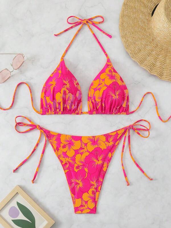 Women's Printed Camisole Tie Sexy Plus Size Bikini Set, Vacation