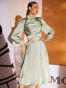 Green Long Sleeve Stand Collar Polyester Maxi Evening Dress - Green - View 5