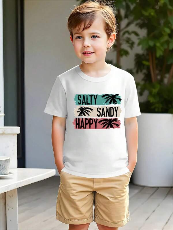 Set 2 buc. tricou și pantaloni scurți cu mânecă scurtă, cu imprimeu casual cu frunze și litere, pentru băieți, ținută de vară ușoară și confortabilă, pentru purtare zilnică și în aer liber