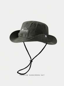 1pc Bucket Hat With Mountain & Western Cowboy Embroidery, Drawstring And Sun Protection For Outdoor ActivitiesMen's Sun Hat Summer Hat, Suitable For Summer Outdoor Activities Such As Hiking And Fishing