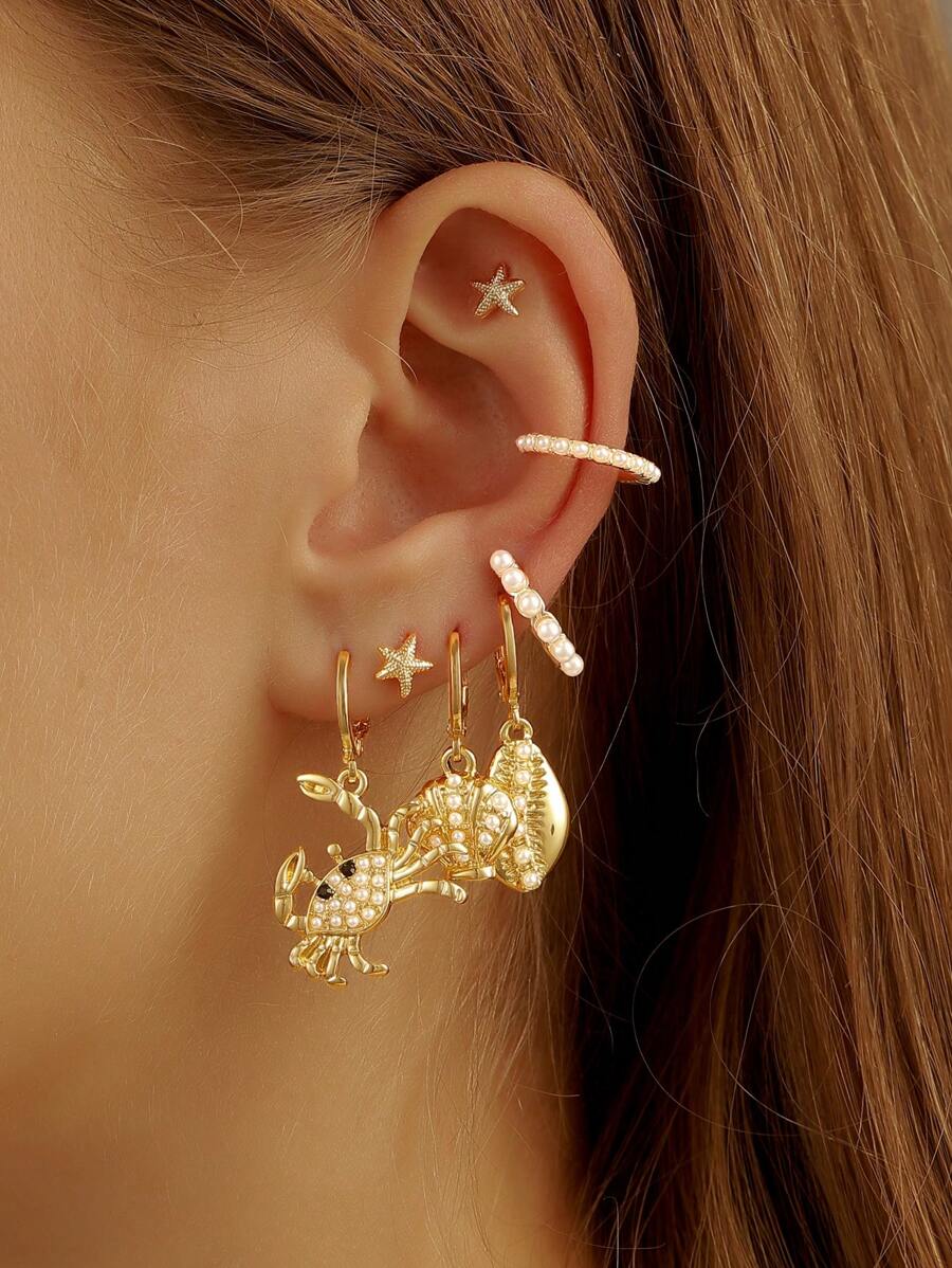 7 Pcs Starfish Earrings Set Women Summer Beach Crab Shell Earring Faux Pearl Ear Cuffs Set Women Vocation Beachy Boho Jewelry