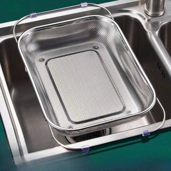 Thick Stainless Steel Expandable Drain Basket, One-Piece Punched Sink Strainer Rack, Multi-Use Drainboard For Kitchen, Washing Fruits, Draining Oil, Baking, Rice Washing