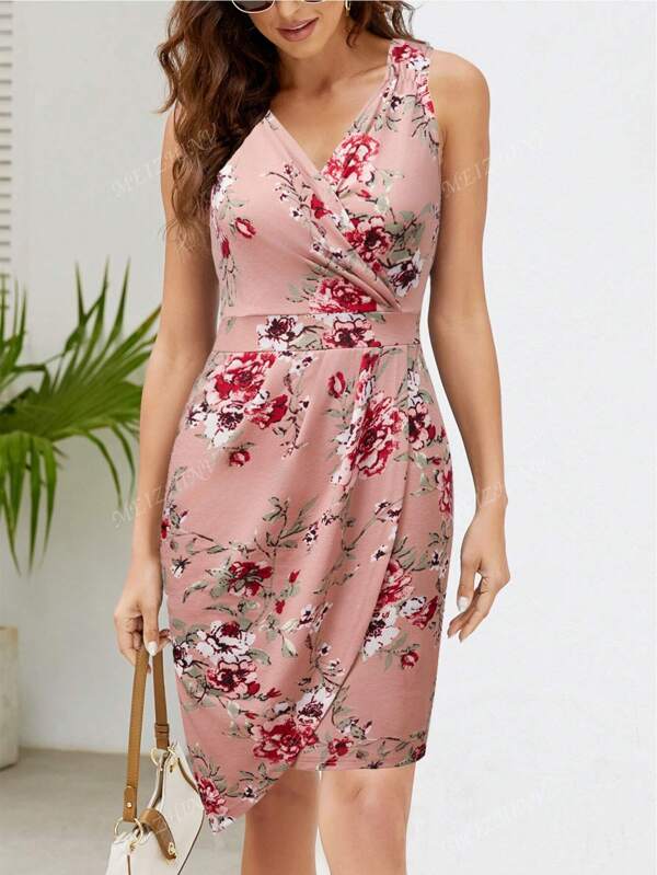 1pc Women's V-Neck Bodycon Party Dress, Sleeveless Casual Waist Cinched Cocktail Dress