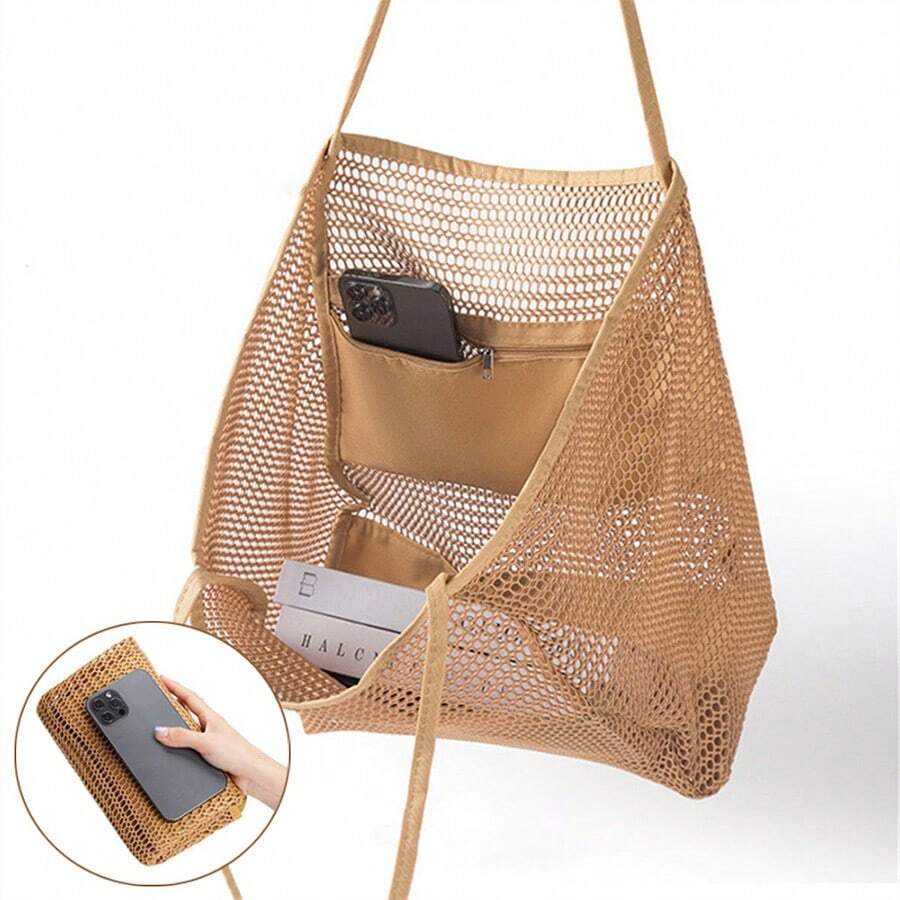 1 geantă pliabilă cu plasă structurată, geantă de umăr pentru femei, potrivită pentru călătoriile de vară esențiale, geantă de plajă, geantă de cumpărături, geantă de voiaj, impermeabilă, capacitate mare