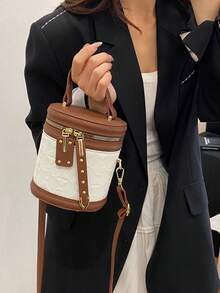 2024 New Red Contrast Color Handheld Cylinder Bag, Elegant Solid Color Mini Women Shoulder Crossbody Bag - Brown - View 7