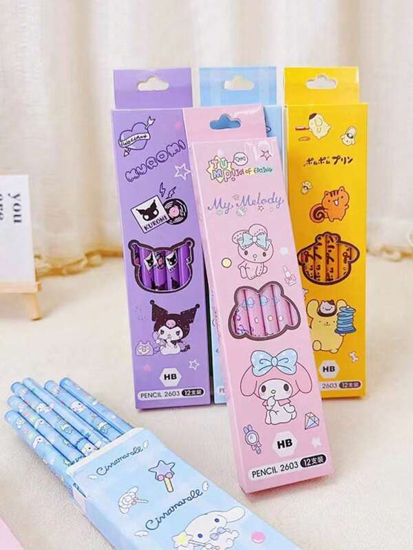 Sanrio 12Pcs/Box Pencil Hello Kitty My Melody Kuromi Cinnamoroll Pencil Set Pencil Sharpener Eraser Set Write Draw Pencils Primary Students Stationery School Gift Back To School School Supplies(Some Parts May Be Random)