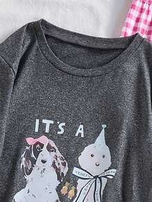 2 Sets Girls Cute Pajamas With Short Sleeve Gray Cartoon & English Text T-Shirts And Pink & White Checkered Long Pants With Blue Trim, Elegant & Casual, Summer - Grey - View 5