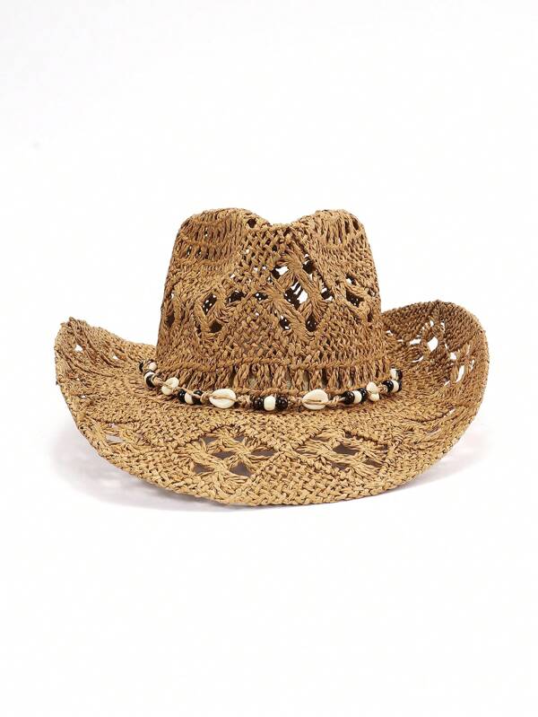 1pc Bohemian Shell Openwork Straw Sun Hat, Western Cowgirl Beach Hat, Suitable As Mother's Day Gift, Easter, Vacation, Photography