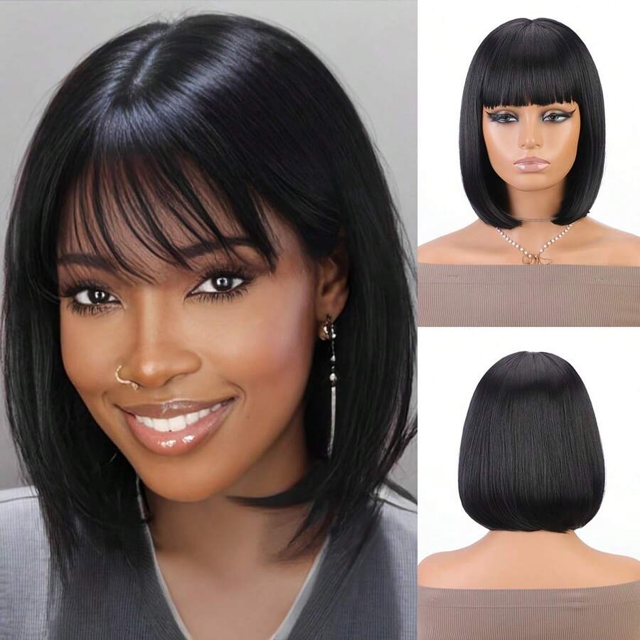 EAVIN GARY Short Bob Wig With Bangs - 12 In Short Bob Black Wig With Bangs For Women - Natural Looking Soft Synthetic Hair Replacement Wigs Velma Kelly Halloween Costume Wigs - 自然色&黑色系 - 查看 1