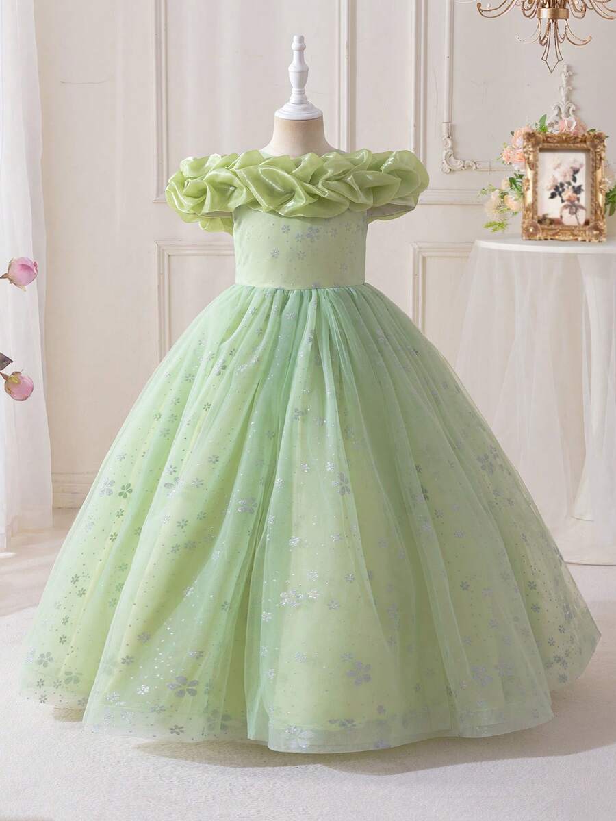 Tween Girl The Ruffled Mesh Hem Is Gorgeous For Flower Girl Birthday Party Fluffy Dress, Suitable For Birthday Parties, Hosts, Stage Performances, Piano Competitions And Other Important Occasions, Suitable For Various Important Festivals - Green - View 1