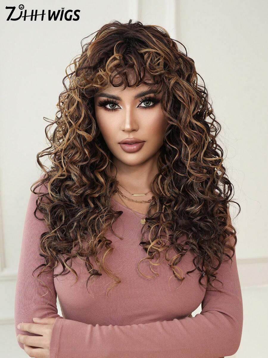 7JHH WIGS 24英寸引人注目的棕金色非裔蓬松卷发假发，适合女性佩戴 - 棕色挑染金色头发 - 长款蓬松卷发假发，带刘海，采用耐热合成纤维制成，适合日常佩戴、音乐节庆典派对角色扮演 - 服装假发配饰 - 毕业礼物