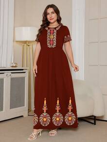 DEARCASE 大码女式印花口袋短袖休闲圆领连衣裙，优雅夏季款 - 鐵鏽棕色 - 查看 4