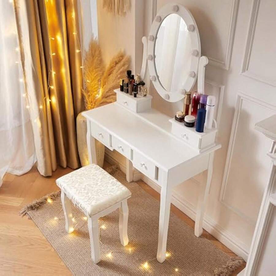 Vanity Desk With Lights, Vanity Mirror With Lights Desk And Chair, Vanity With LED Lights, Corner Vanity Desk With Lights, White - 1 - View 1