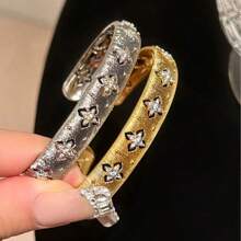 1pc Vintage 4-Leaf Flower Textured Zirconia Bracelet, High-End Niche Style For Women