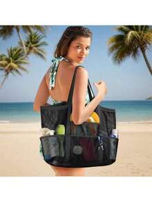 1PC Large Mesh Beach Bag - Sand-Proof Swimming Handbag, Super Large Family Foldable Lightweight Swimming Pool Equipment Storage Bag, Summer Beach Bag By The Sea - Black - View 1