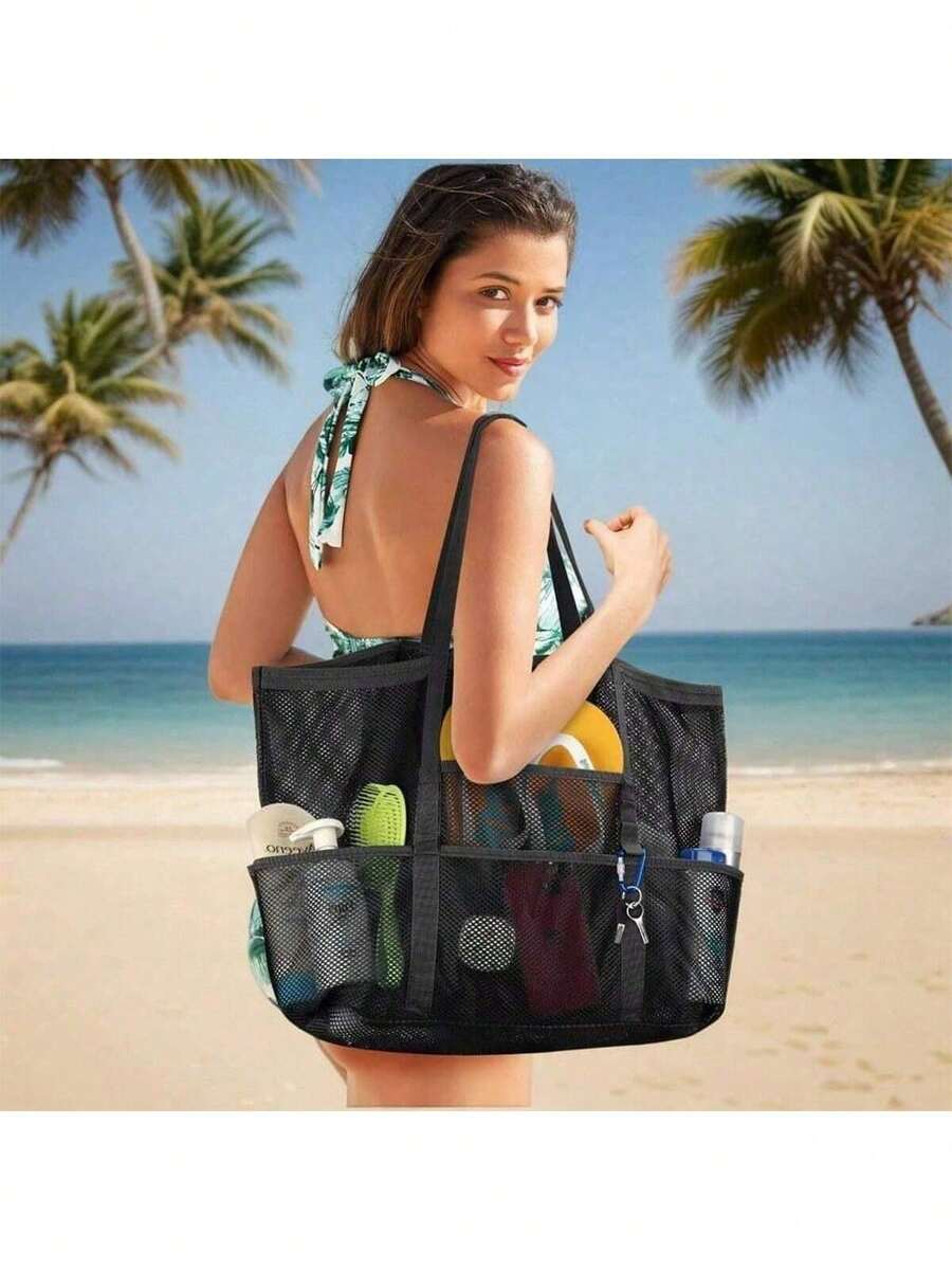 1PC Large Mesh Beach Bag - Sand-Proof Swimming Handbag, Super Large Family Foldable Lightweight Swimming Pool Equipment Storage Bag, Summer Beach Bag By The Sea - Black - View 1