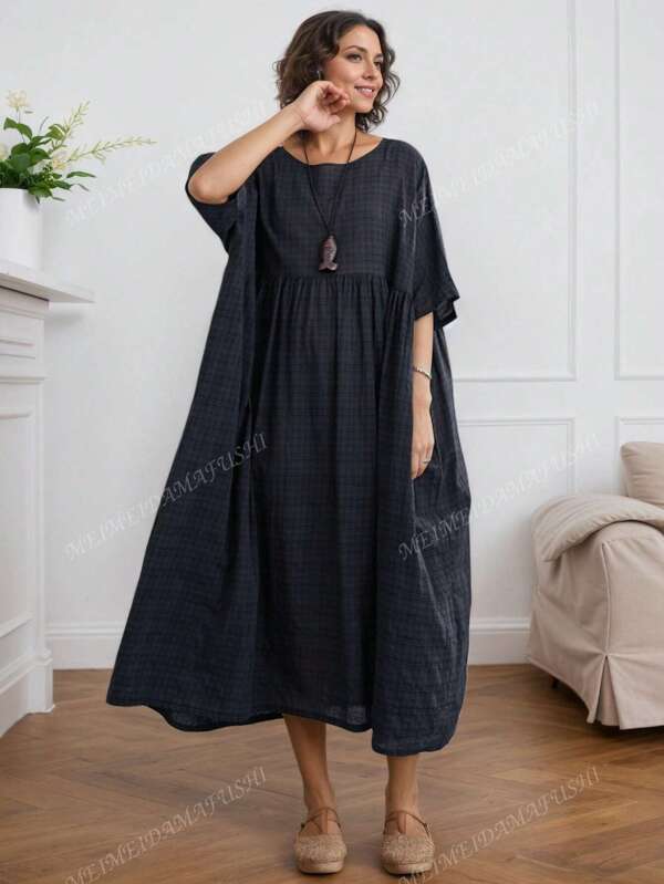 Top, 2025 Bohemian Casual Holiday Women's Dress, Women's Plus-Size Skirt, Mother's Elegant Style Everyday Wear, Summer Round Neck Loose Black Plus-Size Skirt