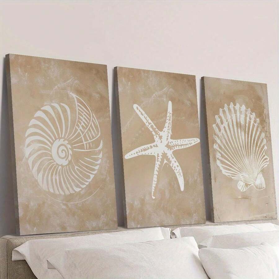 Set de 3 piezas de arte de pared de lienzo de estilo costero, con marco envuelto de madera de pino, pintura de tinta de concha marina y estrella de mar, estilo art decó clásico moderno, orientación vertical, ideal para hogar, oficina, sala de estar, dormitorio, restaurantes - Decoración de primavera/verano - Multicolor - Ver 1