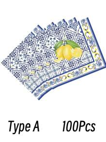 20-100pcs Set Blue And White Porcelain Lemon Pattern Paper Napkins, Disposable Party Supplies, Party Decorations, Festival Decorations