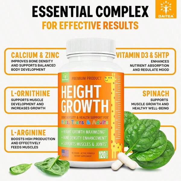 Bone Density Support Supplement - Height Growth Capsules - Dietary Supplement For Health & Fitness - 120 Capsules