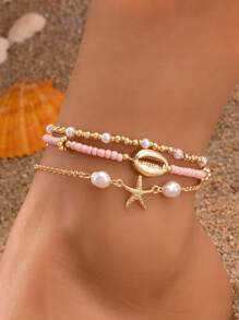 Pulsera estilo bohemio con cuentas, colgante de resina con imitación de concha marina y estrella de mar, adecuada para joyería de playa de verano (colores de cuentas emparejados al azar)