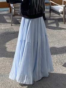 Women's Pleated Flowy Maxi Skirt - Summer A-Line Beach Skirt With Elastic Waist For Vacations/Resort Wear/Street Style, Lightweight Wrinkle-Resistant Lounge Skirt In Solid Colors - 藍色 - 查看 2