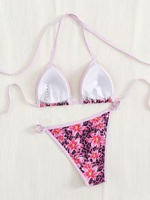 Spring Break Women's Random Print Spaghetti Strap Sexy Bikini Swimwear Sets, Summer Outfits - Dusty Pink - View 2