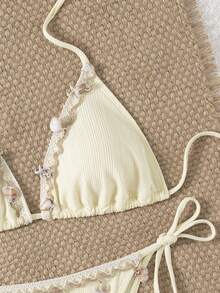 Nuevo conjunto de traje de baño con copa blanda, tirantes de espagueti, espalda abierta y decoración de concha - Crema - Ver 9