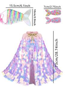 4pcs Princess Big Sequin Mermaid Cape, Sequin Cape Hair Clip Tail Piece Bag Princess Dress-Up Gift Set, Very Suitable For Dressup, Easter, Halloween, Birthday, Christmas Gifts, Party, A Small Gift To Send Friends. - Large Sequin Cape + Hairpin + Fishtail Bag - View 9
