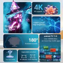 HASATEK HASATEK przenośny inteligentny projektor 4K HY320, Android 11, 4K 1280*1080P, podwójne WiFi, regulowany w zakresie 180°, odpowiedni na kemping i do kina domowego, idealny prezent dla rodziny i przyjaciół