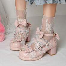 Women's Kawaii Shoes Cross Strap Pumps Cute Ankle Strap Mary Jane Shoes Wedding Lace Mid Chunky Heel Pumps Fashion Party Dress Shoes - 粉色 - 查看 3