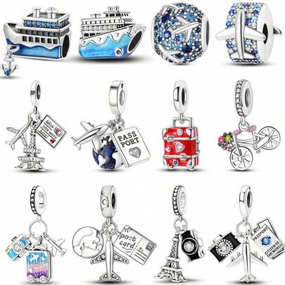 1 件银色精致闪亮蓝色珐琅立方氧化锆旅行系列飞机护照票船相机行李自行车吊坠适合原创手链项链吊坠串珠 DIY 珠宝制作女士女孩节日旅行礼物送给朋友