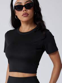 1pc Women Classic Black Round Neck Short T-Shirt - Knit Fabric, 220g/M², 86% Polyester 14% Spandex, Medium Stretchiness, Comfortable, Essential For Workout, Yoga, Casual Outing, Suitable For All Seasons