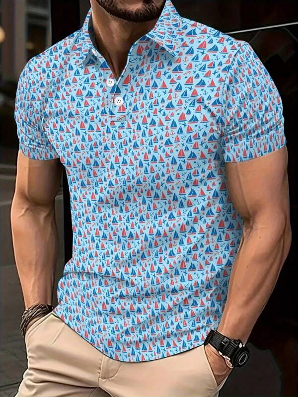 Camisa de manga corta con estampado geométrico para hombre, de tela de poliéster, adecuada para uso casual, deportes, actividades al aire libre, golf o playa