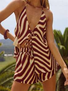 Women Shorts Set, Tree/Stripes Print Tie-Up Vest With Shorts Summer Outfit For Party Club - 棕色 - 查看 2