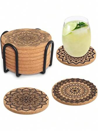 Paquete de 6/8 posavasos de corcho, posavasos redondos de madera reutilizables y absorbentes para vasos, juego de posavasos de vidrio para el hogar, restaurante, oficina y manteles de mesa de comedor, accesorios de cocina, manteles de mesa