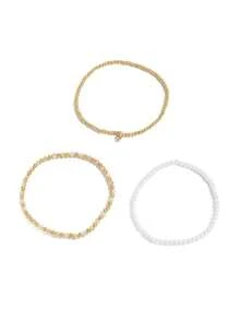 3pcs Bohemian Style ABS Faux Pearl Plastic Beaded Elastic Rope Anklet, Versatile Multi-Color Beach Vacation Retro Anklet Set, Summer Anklet - Gold - View 7