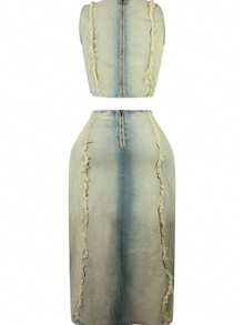 HERTALK Skirt Sets Women 2 Piece Outfits Denim Ripped Distressed Sleeveless Crop Tank Tops And Split Maxi Skirt Set - 黃色 - 查看 4