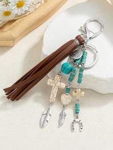 1 pieza Llavero de estilo vaquero occidental retro, llavero con colgante de borla, turquesa, cruz, hoja, herradura, llavero de cuentas de turquesa y borla, regalo de estilo occidental, llavero de cruz, decoración de borla, vaquera hippie occidental, llavero de coche, llavero de cruz, accesorio de bolsa, regalos para uso diario, hombres y mujeres, accesorios de coche/bolsa, mochila, recuerdo, regalo