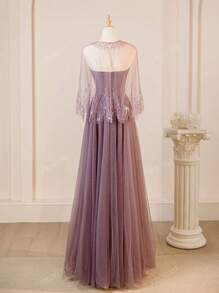 Elegante e raffinato abito da sera/abito in stile derby con sovrapposizione in rete viola, con scialle in pizzo, vestito formale, da cocktail, abito da sera, per invitati a matrimoni