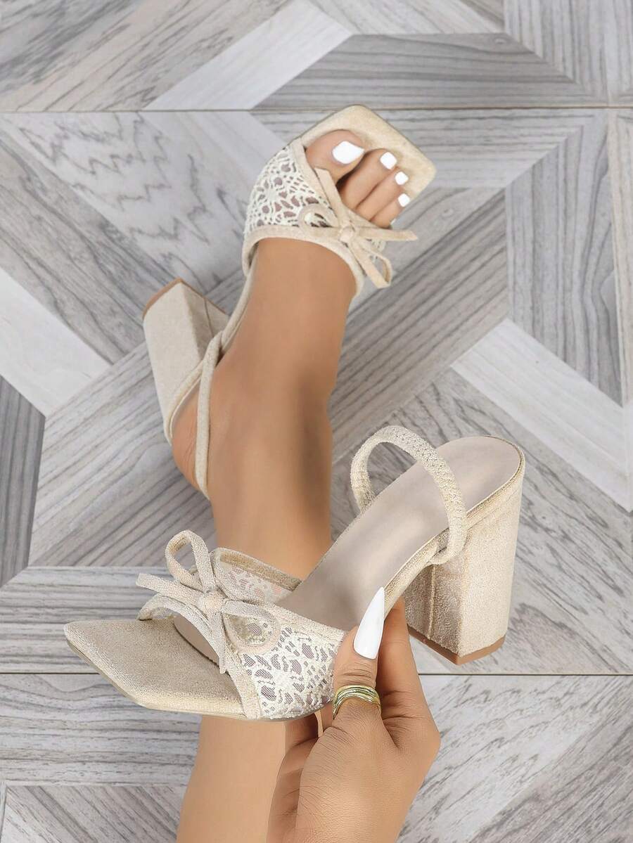 女士桃色方头粗跟露趾凉鞋，时尚百搭性感派对礼服高跟鞋，适合腿长 - 杏色 - 查看 1