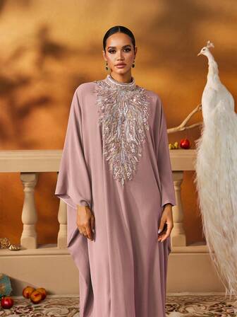 AmazingHoney Luxurious Pink Beaded Embroidered Long Kaftan With Elegant Middle Eastern Batwing Sleeve Abaya Kaftan Modest Dress Arabian Dresses For Women Oversized Fit