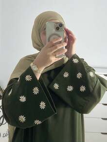 1pc Nida Fabric Single-Piece Women's Abaya With Embroidered Small Chrysanthemum Cuffs, Suitable For Spring, Summer And Autumn - Multicolor - View 9