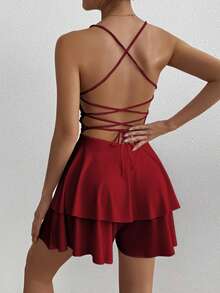 1pc Y2K Sexy Backless Drawstring Tie-Up Dress, Elegant Pleated Skirt Jumpsuit Suitable For Bar, Party, Home, And Graduation Ceremony, European & American Cross-Border Style 2025 - Burgundy - View 2