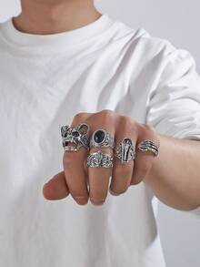 5pcs/Set Metal Skull Asymmetrical Textured Punk Rings Set For Men - 5 Piece Ring Set - View 4