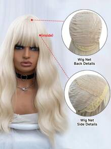1-Piece Synthetic Heat Resistant Long Curly Wavy Hair With Bangs Wig Golden 24 Inch Fully Machine Woven Daily Natural Realistic Wig