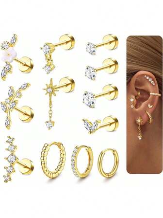  CASSIECA 1PC16 Gauge Cartilage Earrings For Women Flat Back-Hypoallergenic Surgical Stainless Steel Stud Hoop Cartilage Earring Set Daith Conch Tragus Helix Piercing Jewelry Single PC
