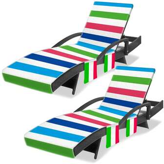 Ruikyhom 2-Pack Lounger Towel Cover With 3 Pockets, Chaise Durable Horizontal Striped Cover For Pool, Beach, Garden & Outdoor Use, 85x30 Inch, Blue Green Red Design